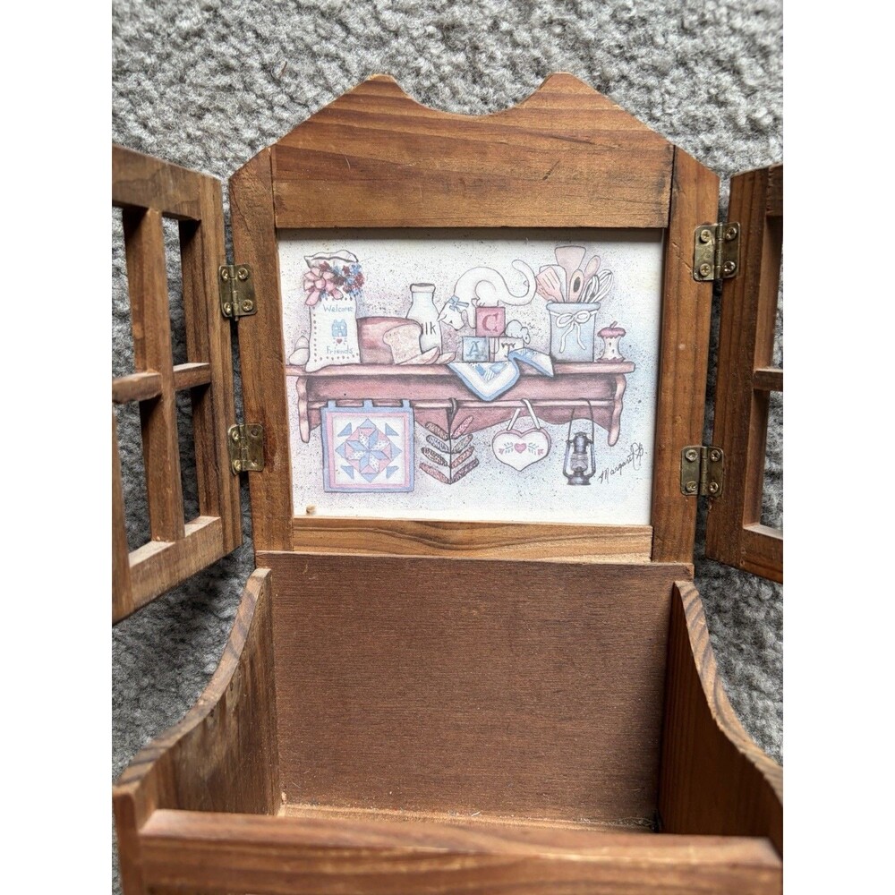 VTG Wood Shelf With 5x7 Picture Photo Frame Cabinet Doors Cottage Cabin Decor